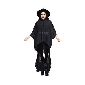 Black Batwing Sleeve Chiffon Button Down Ruffle Neck Goth 14/1XL